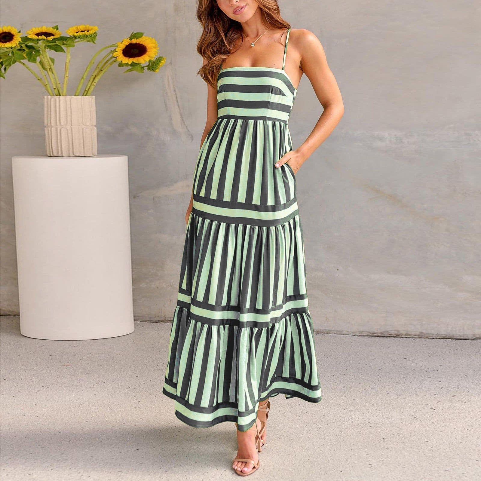image-Summer Striped Printed Suspender Long Dress With Pockets Fashion Square Neck Backless Dresses For Beach Vacation Women Clothing
