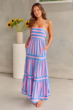 image-Summer Striped Printed Suspender Long Dress With Pockets Fashion Square Neck Backless Dresses For Beach Vacation Women Clothing