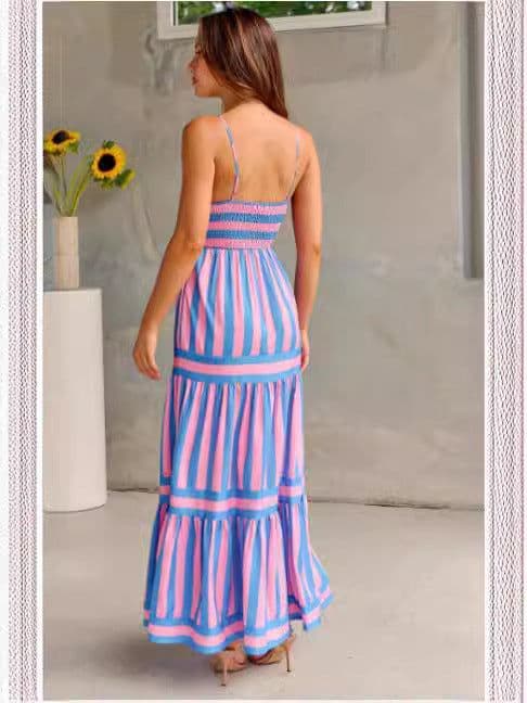 image-Summer Striped Printed Suspender Long Dress With Pockets Fashion Square Neck Backless Dresses For Beach Vacation Women Clothing