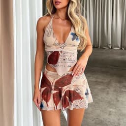 image-2Pcs Printed Suit Summer Sexy V-neck Halter Top And Pleated Short Skirt Women's Dress Set Clothing