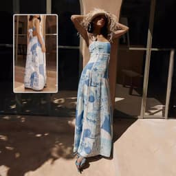 image-Flower Print Lace Sling Dress Sexy Backless Bow Suspender Long Dresses Womens Clothing