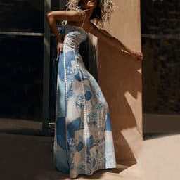 image-Flower Print Lace Sling Dress Sexy Backless Bow Suspender Long Dresses Womens Clothing