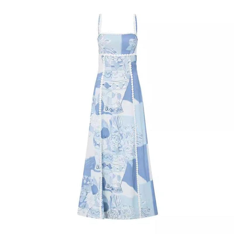 image-Flower Print Lace Sling Dress Sexy Backless Bow Suspender Long Dresses Womens Clothing