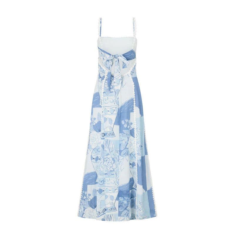 image-Flower Print Lace Sling Dress Sexy Backless Bow Suspender Long Dresses Womens Clothing