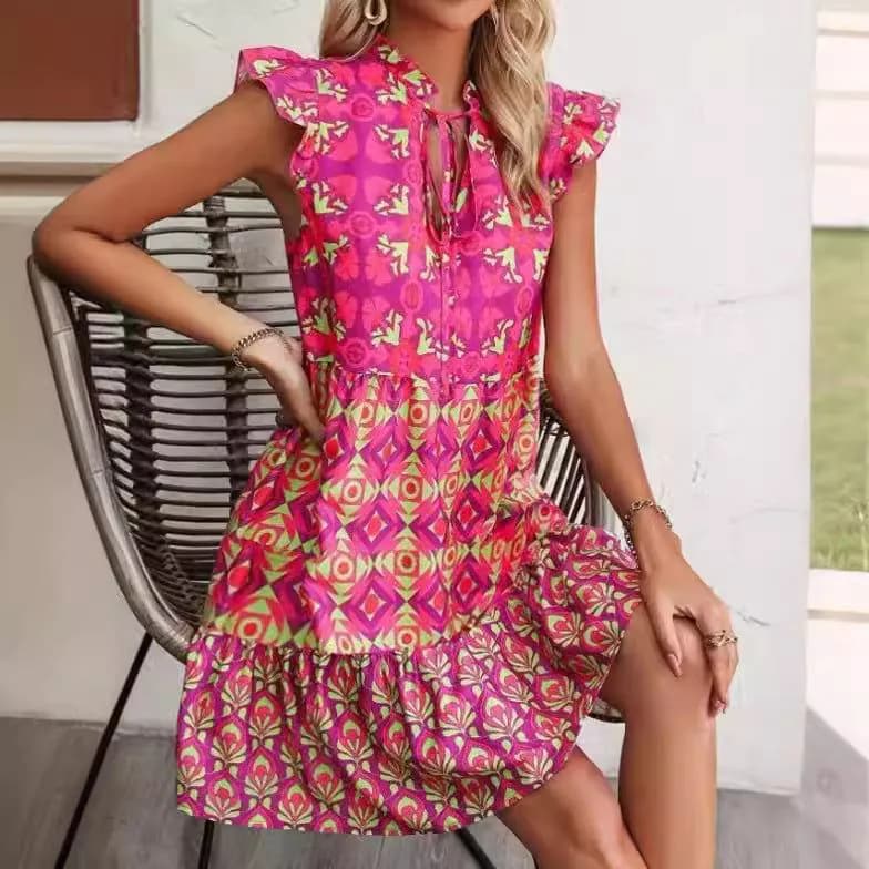 image-Printed Sleeveless Dress Summer Fashion V-Neck Lace-up Straight Dresses For Womens Clothing