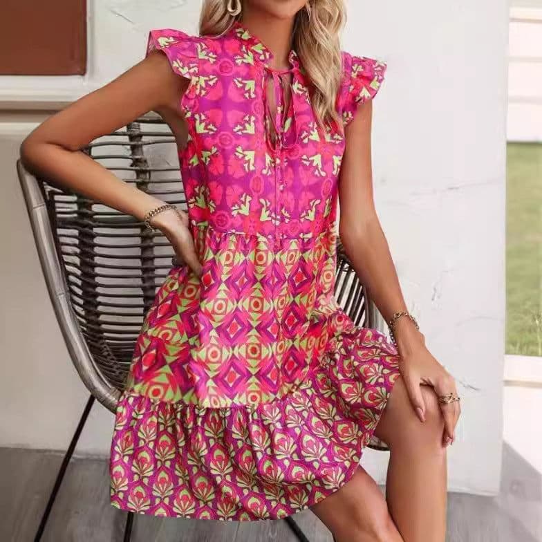 image-Printed Sleeveless Dress Summer Fashion V-Neck Lace-up Straight Dresses For Womens Clothing
