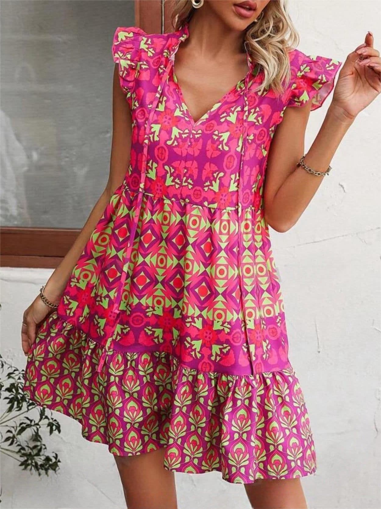 image-Printed Sleeveless Dress Summer Fashion V-Neck Lace-up Straight Dresses For Womens Clothing