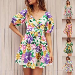 image-Flowers Print V-Neck Lantern-sleeve Dress Y2K Summer Vacation Beach Short Dresses Fashion Womens Clothing
