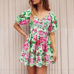 image-Flowers Print V-Neck Lantern-sleeve Dress Y2K Summer Vacation Beach Short Dresses Fashion Womens Clothing