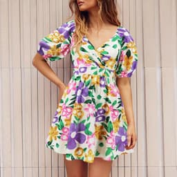 image-Flowers Print V-Neck Lantern-sleeve Dress Y2K Summer Vacation Beach Short Dresses Fashion Womens Clothing