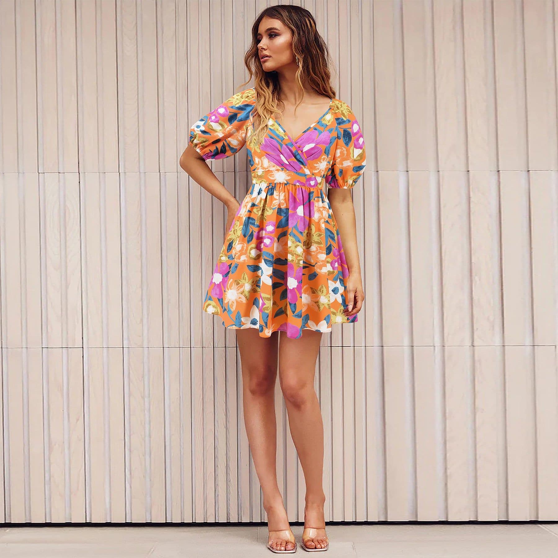 image-Flowers Print V-Neck Lantern-sleeve Dress Y2K Summer Vacation Beach Short Dresses Fashion Womens Clothing