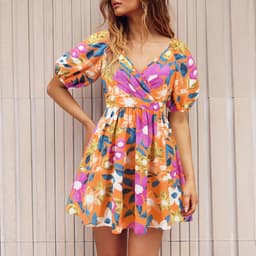 image-Flowers Print V-Neck Lantern-sleeve Dress Y2K Summer Vacation Beach Short Dresses Fashion Womens Clothing