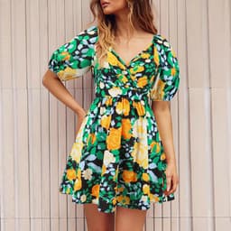 image-Flowers Print V-Neck Lantern-sleeve Dress Y2K Summer Vacation Beach Short Dresses Fashion Womens Clothing