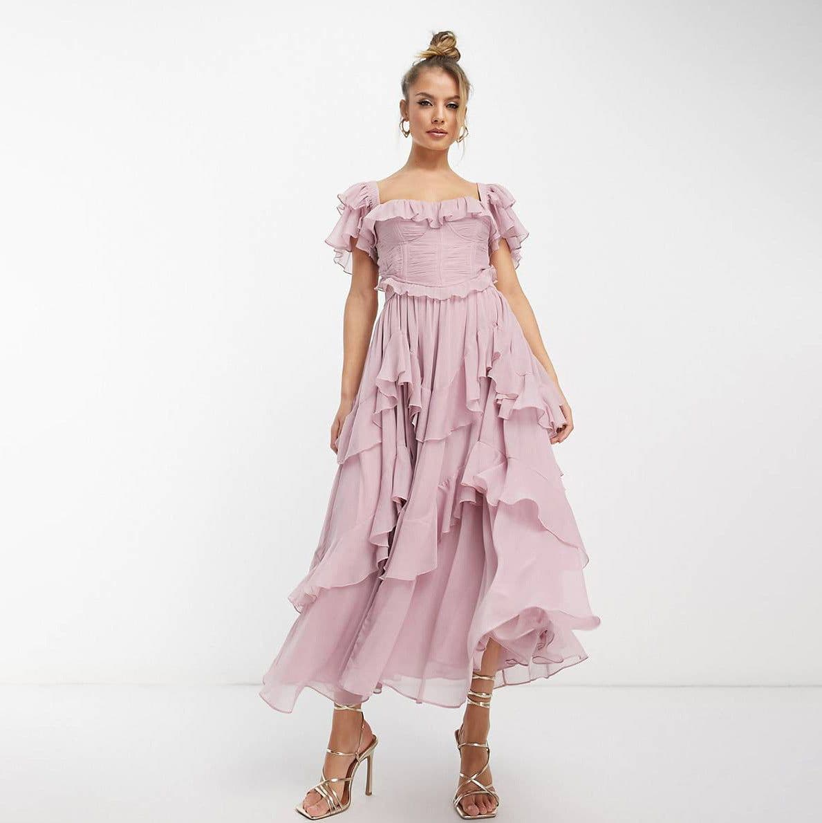 image-Summer Holiday Ruffled Short-sleeved Dress Fashion Backless Square Neck Long Dresses For Party Womens Clothing