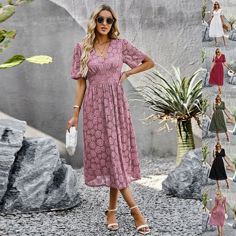 image-Fashion V-neck Lace Dress Summer Elegant Short Sleeve Long Dresses For Women
