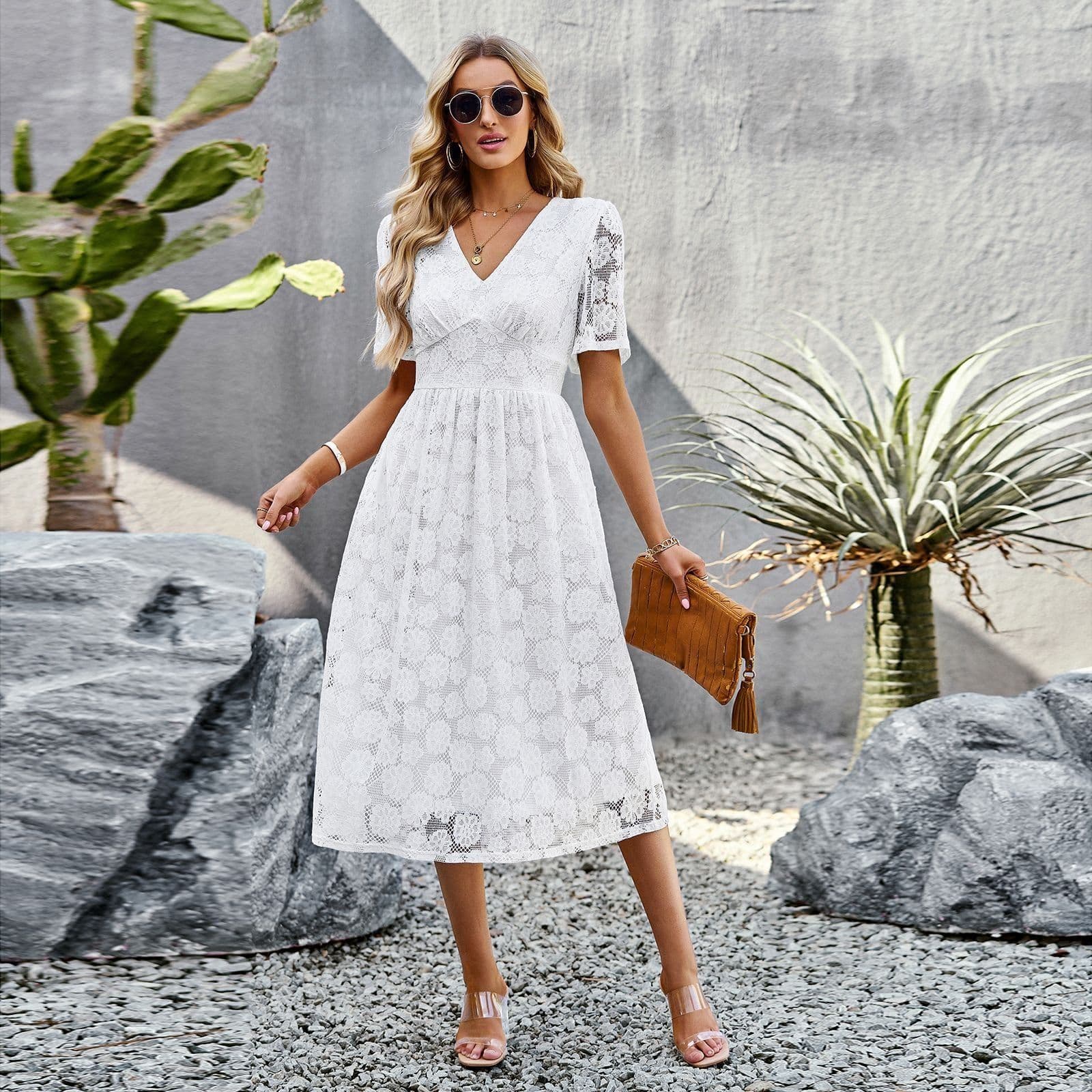 image-Fashion V-neck Lace Dress Summer Elegant Short Sleeve Long Dresses For Women
