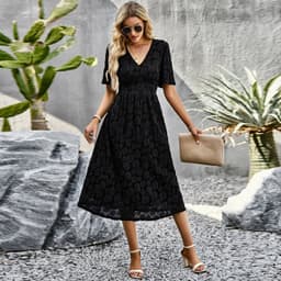 image-Fashion V-neck Lace Dress Summer Elegant Short Sleeve Long Dresses For Women
