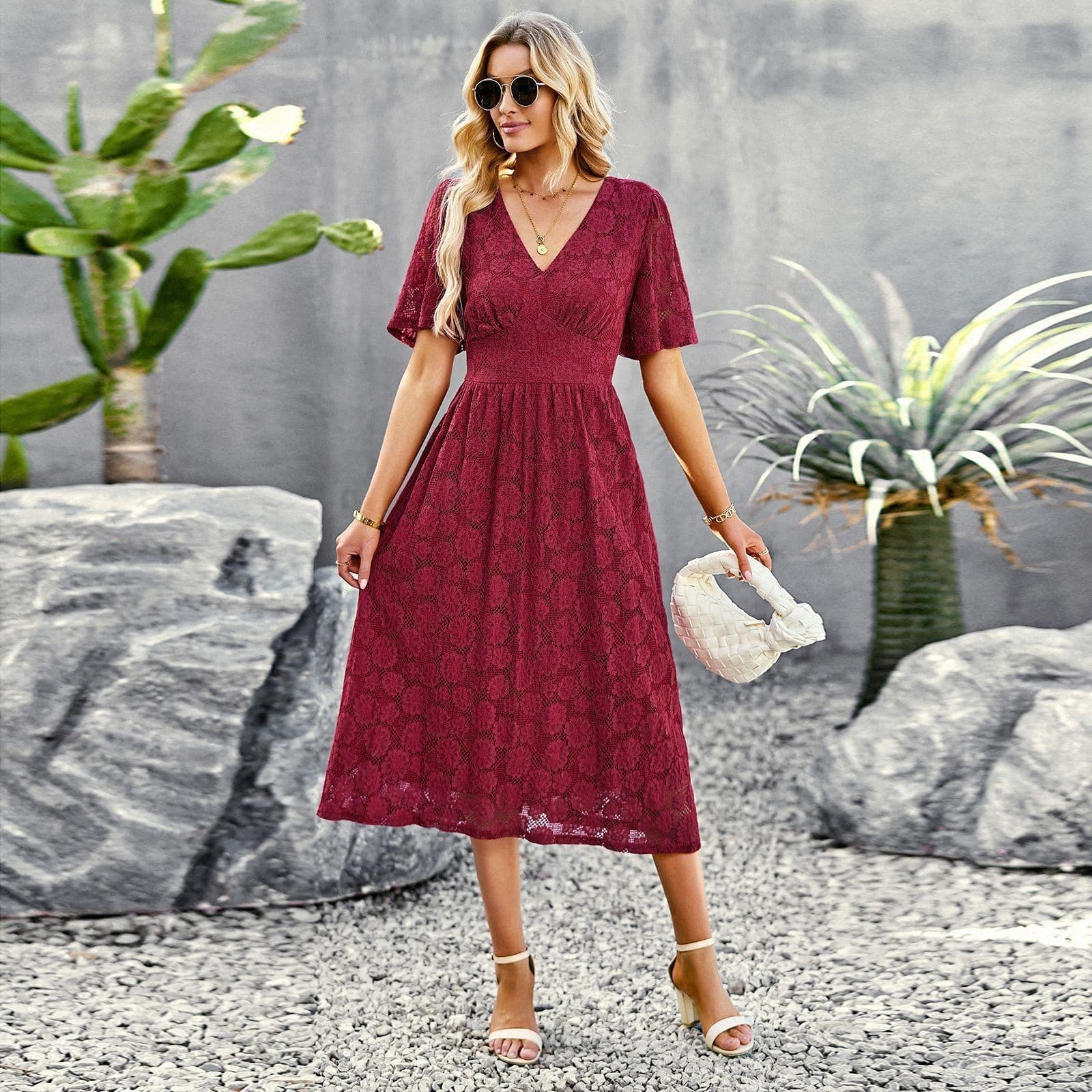 image-Fashion V-neck Lace Dress Summer Elegant Short Sleeve Long Dresses For Women