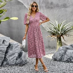 image-Fashion V-neck Lace Dress Summer Elegant Short Sleeve Long Dresses For Women