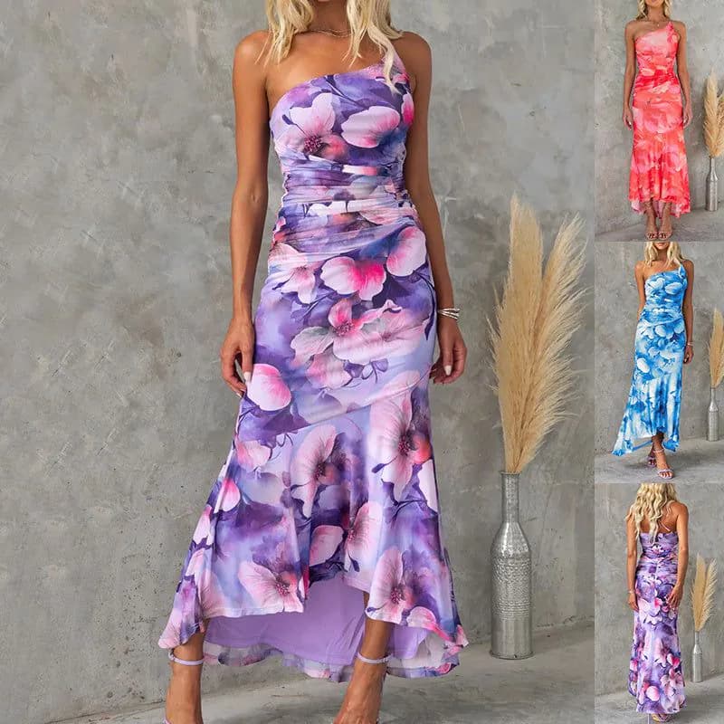 image-Flowers Print One-shoulder Dress Summer INS Casual Suspender Long Dresses Womens Clothing