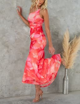 image-Flowers Print One-shoulder Dress Summer INS Casual Suspender Long Dresses Womens Clothing