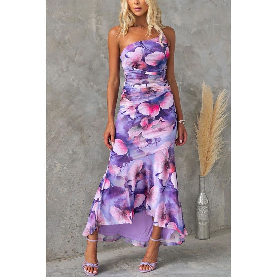 image-Flowers Print One-shoulder Dress Summer INS Casual Suspender Long Dresses Womens Clothing