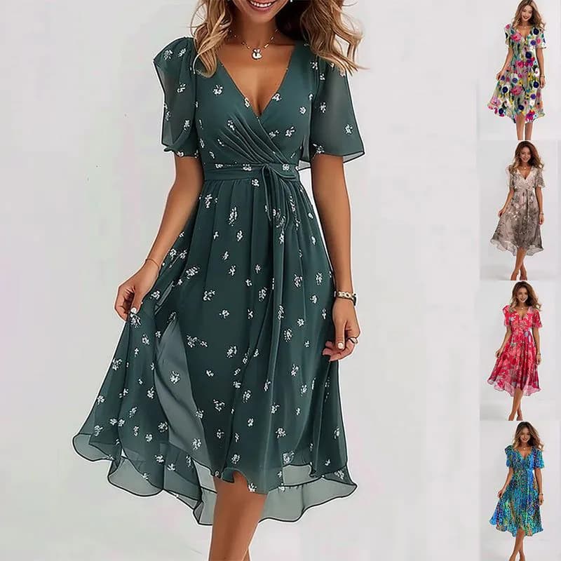 image-Chiffon Printed Short Sleeve Dress Summer Elegant V-neck Dresses Womens Clothing