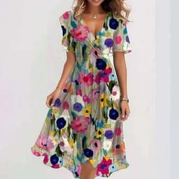 image-Chiffon Printed Short Sleeve Dress Summer Elegant V-neck Dresses Womens Clothing