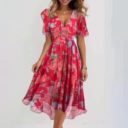 image-Chiffon Printed Short Sleeve Dress Summer Elegant V-neck Dresses Womens Clothing