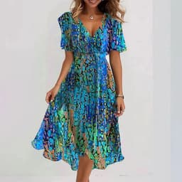image-Chiffon Printed Short Sleeve Dress Summer Elegant V-neck Dresses Womens Clothing