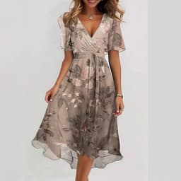 image-Chiffon Printed Short Sleeve Dress Summer Elegant V-neck Dresses Womens Clothing