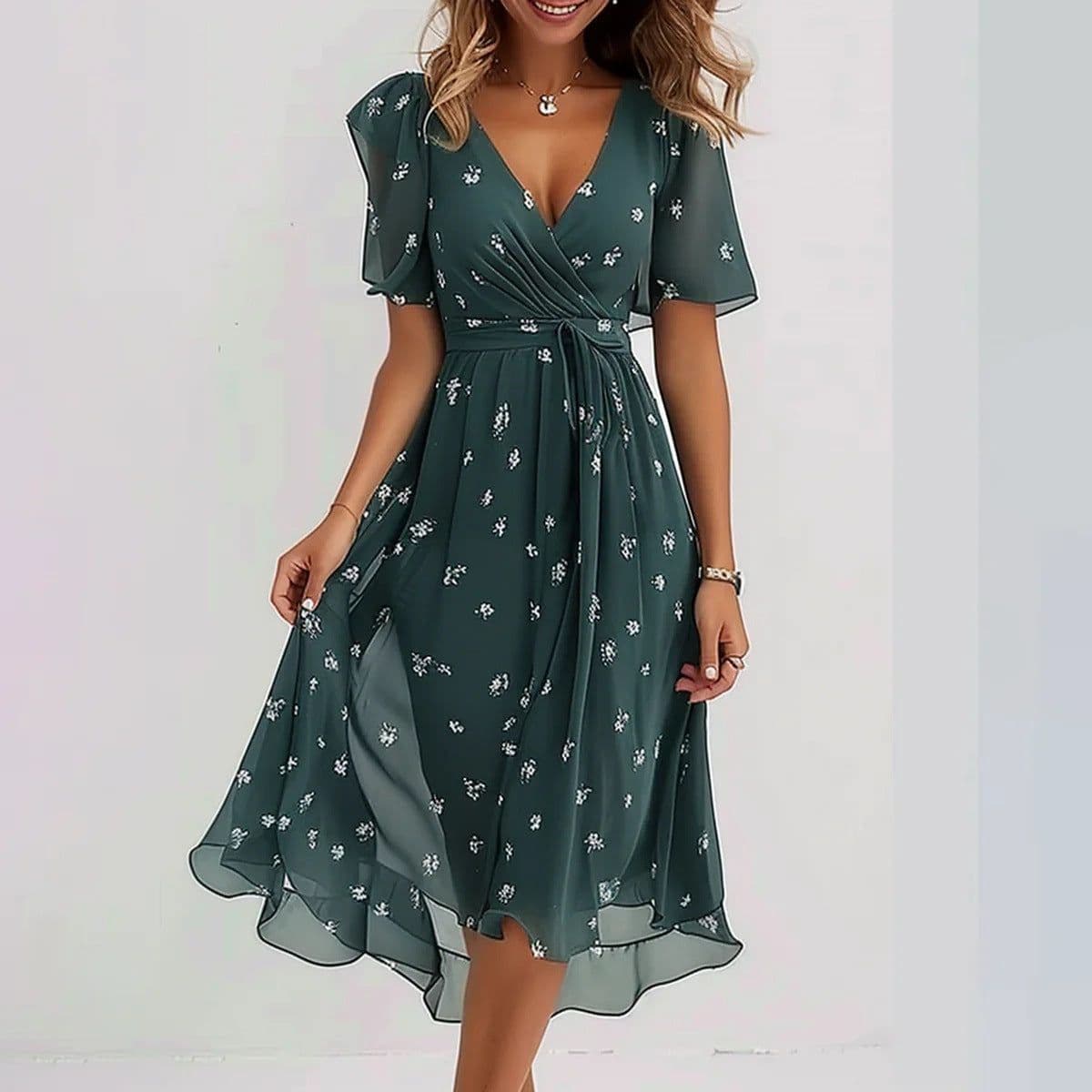 image-Chiffon Printed Short Sleeve Dress Summer Elegant V-neck Dresses Womens Clothing