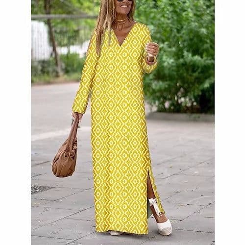 image-Summer Geometric Printed V-neck Long Dress Fashion Long Sleeve Slit Dresses For Women