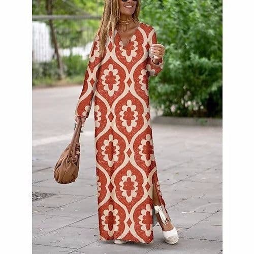 image-Summer Geometric Printed V-neck Long Dress Fashion Long Sleeve Slit Dresses For Women