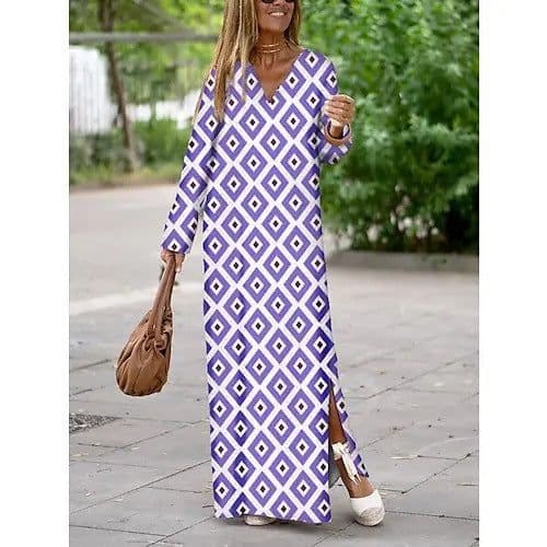 image-Summer Geometric Printed V-neck Long Dress Fashion Long Sleeve Slit Dresses For Women