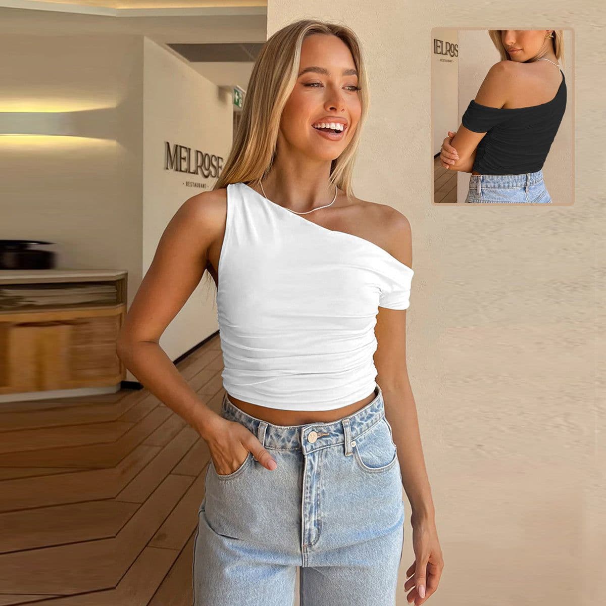 image-Slim One-shoulder Oblique Collar Crop Vest Summer Sexy Off-shoulder Pleated Irregular Top Womens Clothing
