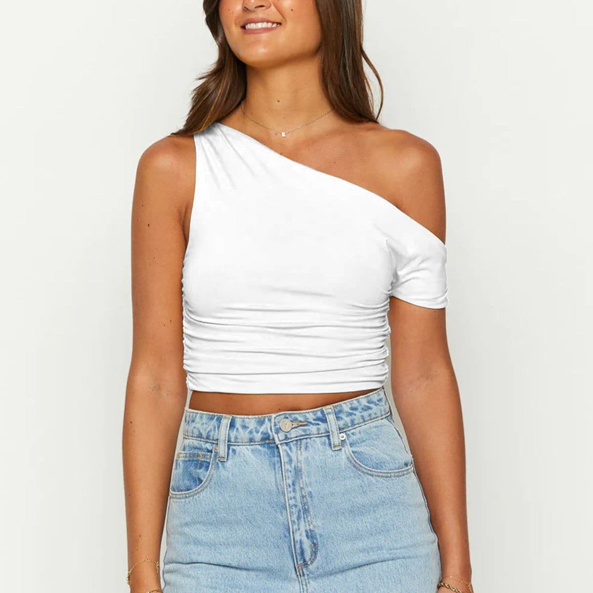 image-Slim One-shoulder Oblique Collar Crop Vest Summer Sexy Off-shoulder Pleated Irregular Top Womens Clothing