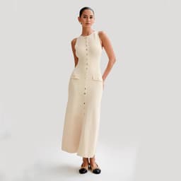 image-Elegant Knitted Sleeveless Dress With Single Breast Fashion Slim Round Neck Long Dresses Womens Clothing