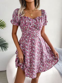 image-Women Mini Dress Temperament Big Swing Loose Hem Flower Print Shirring Dress Up Short Sleeves High Waist Summer Dress Clothes