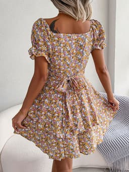 image-Women Mini Dress Temperament Big Swing Loose Hem Flower Print Shirring Dress Up Short Sleeves High Waist Summer Dress Clothes