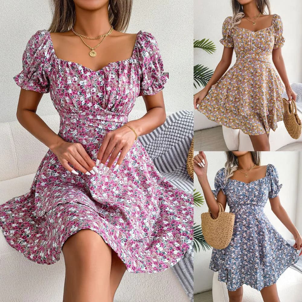 image-Women Mini Dress Temperament Big Swing Loose Hem Flower Print Shirring Dress Up Short Sleeves High Waist Summer Dress Clothes