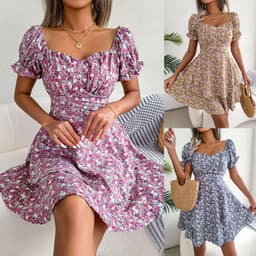 image-Women Mini Dress Temperament Big Swing Loose Hem Flower Print Shirring Dress Up Short Sleeves High Waist Summer Dress Clothes