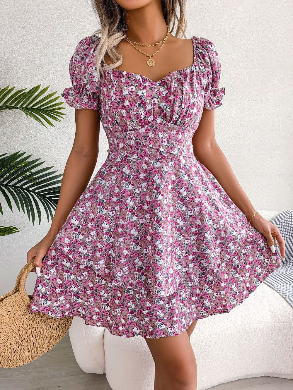 image-Women Mini Dress Temperament Big Swing Loose Hem Flower Print Shirring Dress Up Short Sleeves High Waist Summer Dress Clothes