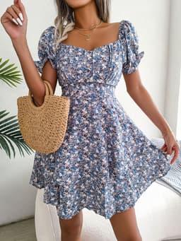 image-Women Mini Dress Temperament Big Swing Loose Hem Flower Print Shirring Dress Up Short Sleeves High Waist Summer Dress Clothes