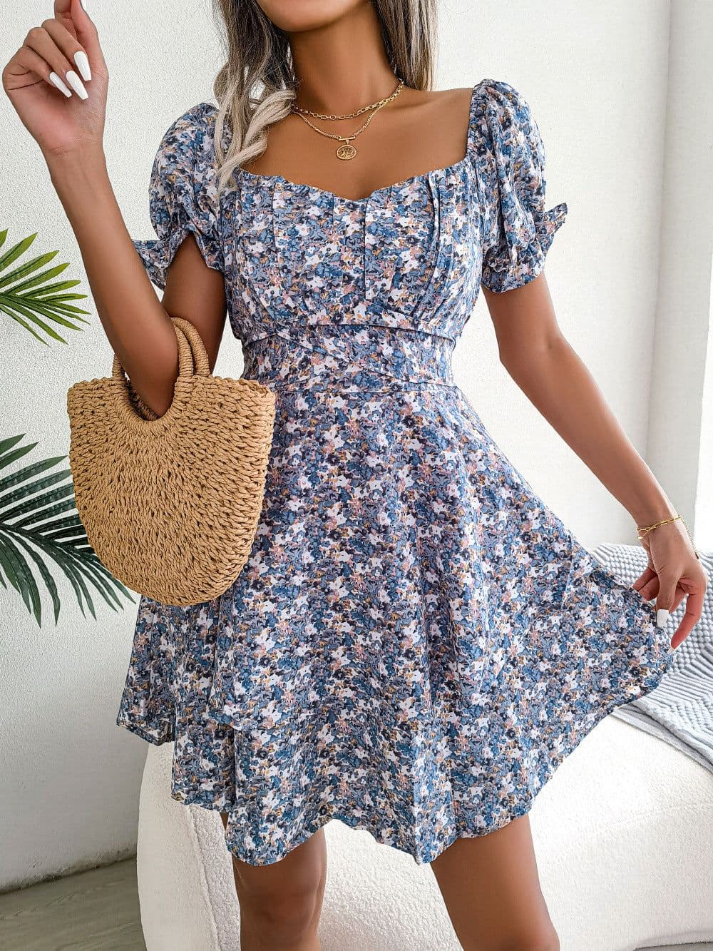 image-Women Mini Dress Temperament Big Swing Loose Hem Flower Print Shirring Dress Up Short Sleeves High Waist Summer Dress Clothes