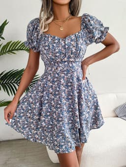 image-Women Mini Dress Temperament Big Swing Loose Hem Flower Print Shirring Dress Up Short Sleeves High Waist Summer Dress Clothes
