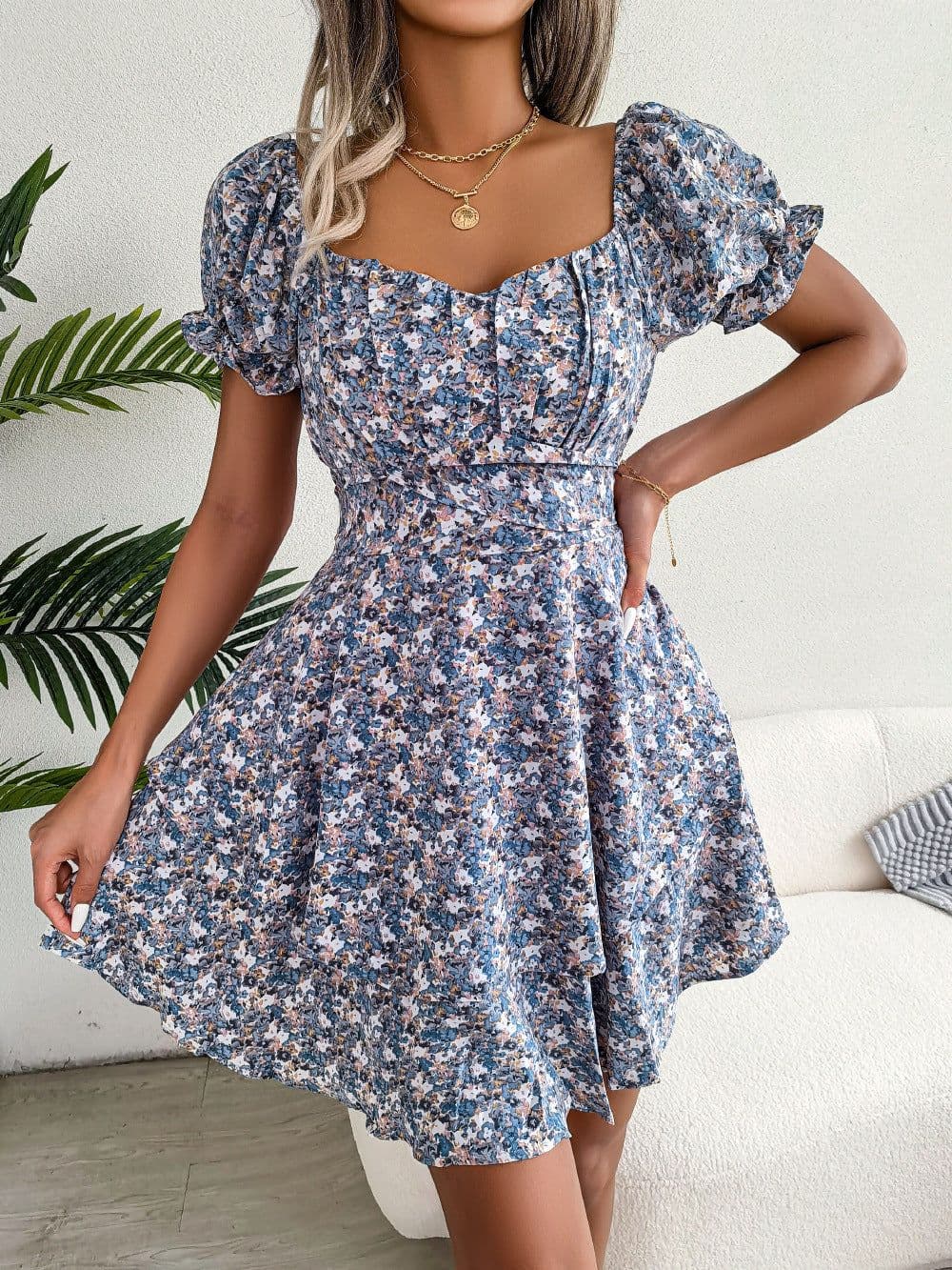 image-Women Mini Dress Temperament Big Swing Loose Hem Flower Print Shirring Dress Up Short Sleeves High Waist Summer Dress Clothes
