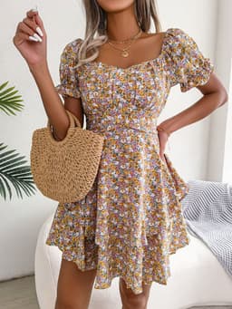 image-Women Mini Dress Temperament Big Swing Loose Hem Flower Print Shirring Dress Up Short Sleeves High Waist Summer Dress Clothes