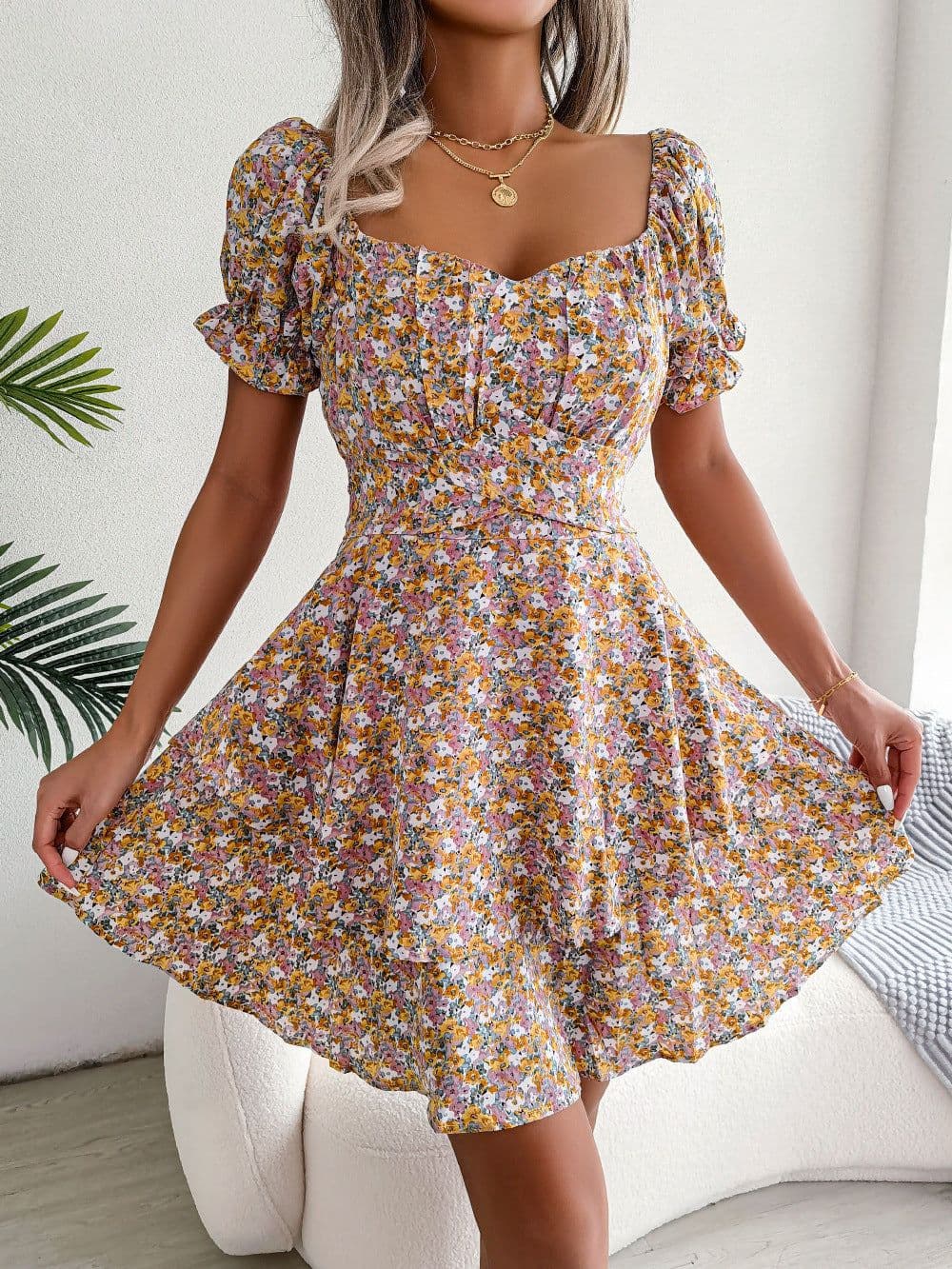 image-Women Mini Dress Temperament Big Swing Loose Hem Flower Print Shirring Dress Up Short Sleeves High Waist Summer Dress Clothes