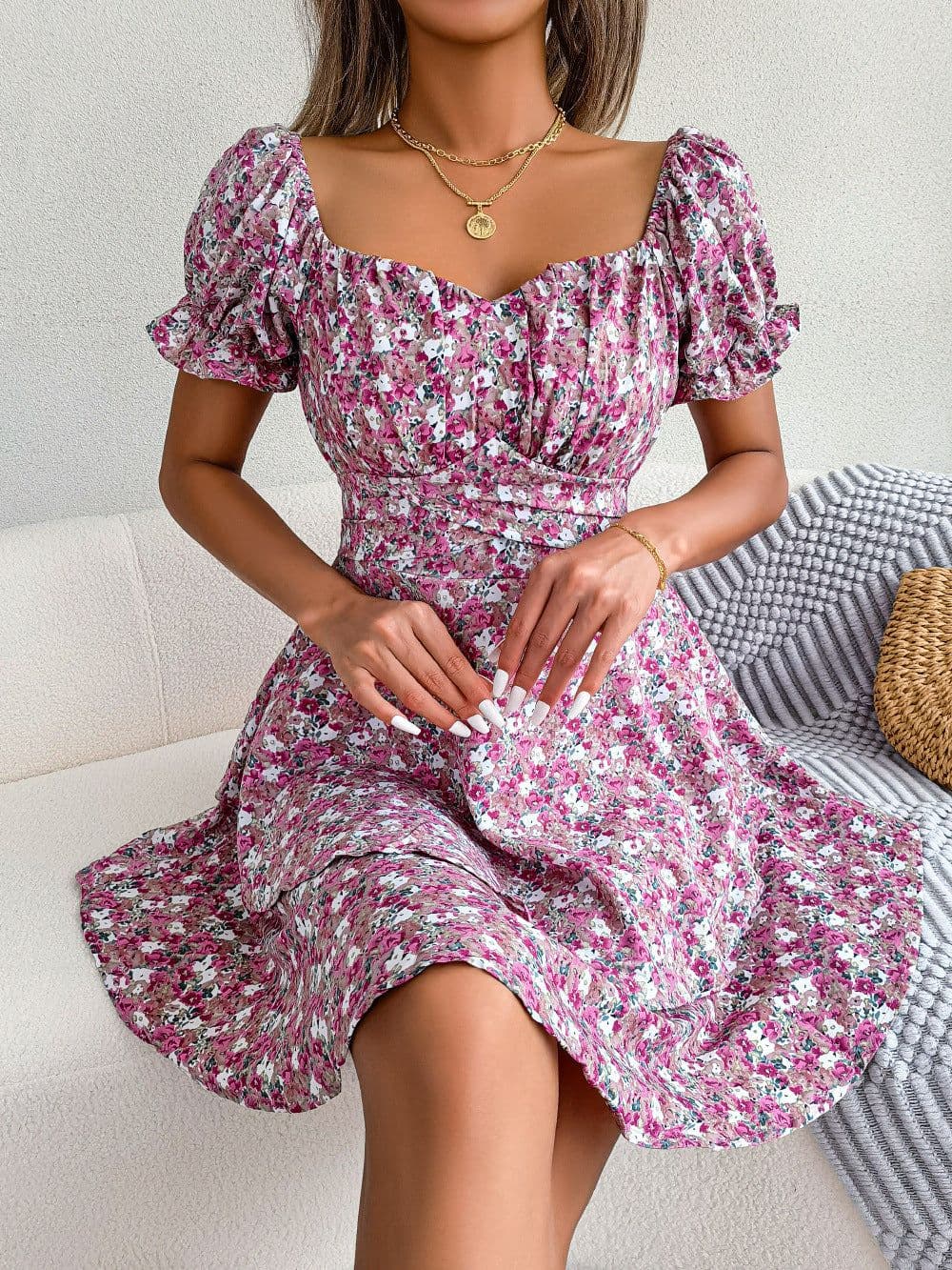 image-Women Mini Dress Temperament Big Swing Loose Hem Flower Print Shirring Dress Up Short Sleeves High Waist Summer Dress Clothes